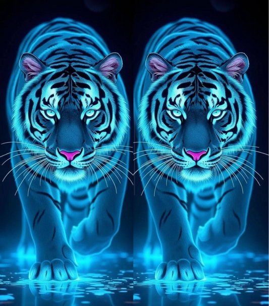 A stylized digital artwork showing two glowing blue tigers facing forward on a dark reflective surface, with neon cyan highlights and pink accents in the ears and noses.