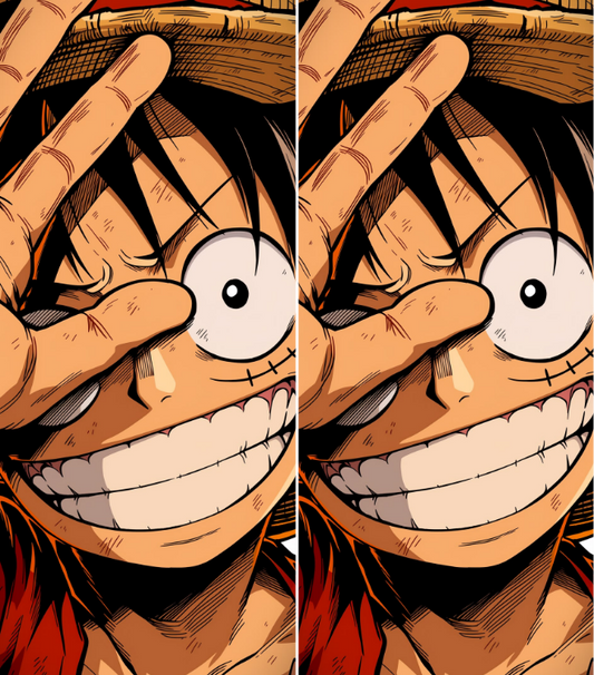 A close-up illustrated anime-style face showing a character with a wide grin, large white eyes, black hair, and a tan hat, presented in a duplicated side-by-side layout.