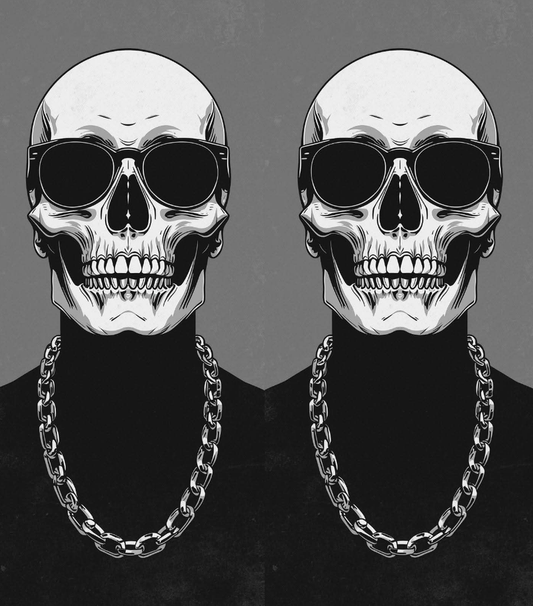 A stylized black-and-white illustration of a human skull wearing dark sunglasses and a chunky chain necklace, shown in a mirrored side-by-side composition on a gray background.