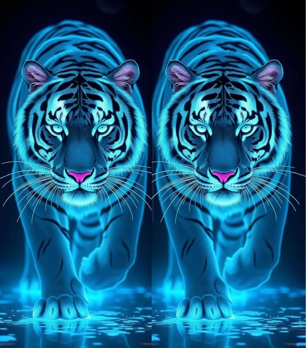 A stylized digital artwork showing two glowing blue tigers facing forward on a dark reflective surface, with neon cyan highlights and pink accents in the ears and noses.