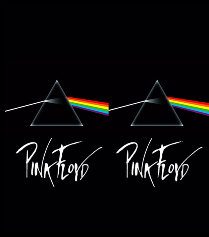 Pink Floyd album cover artwork on a black background, showing two black triangles with prisms splitting white light into a rainbow, above the white 'Pink Floyd' logo text.