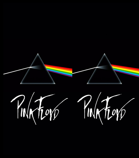 Pink Floyd album cover artwork on a black background, showing two black triangles with prisms splitting white light into a rainbow, above the white 'Pink Floyd' logo text.