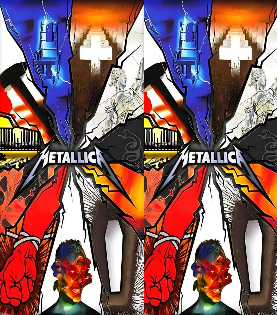 A split-screen graphic design featuring the band name 'METALLIC' in white over a jagged black banner, with vivid abstract artwork in blue, red, orange, yellow, black, and white. Two stylized faces with red and orange face paint appear at the bottom.