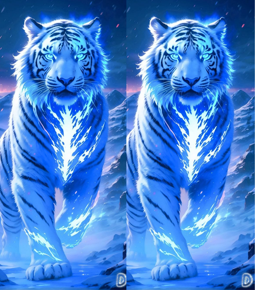 A digital illustration of a glowing blue-and-white tiger standing in a snowy mountain landscape, with bright electric-like light effects around its body and a dark sky in the background.