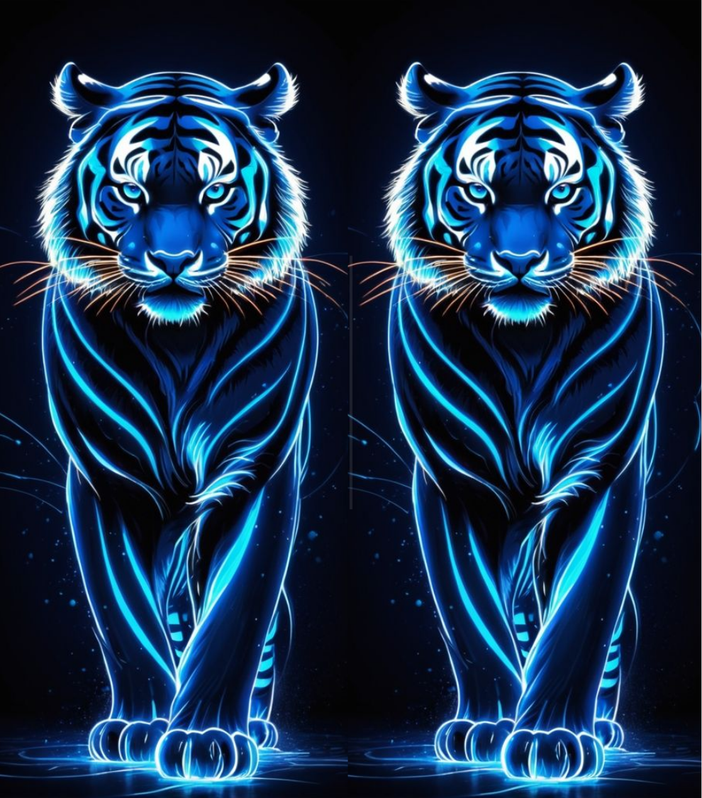 A digital illustration of a glowing blue tiger centered on a dark background, with two nearly identical versions side by side. The tiger is rendered in vivid electric blue and cyan tones with bright white highlights, and the scene has a polished, poster-like finish.