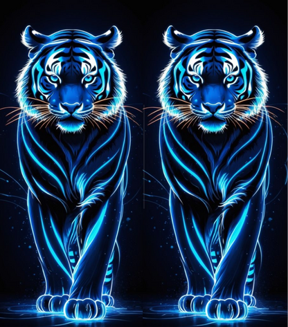 A digital illustration of a glowing blue tiger centered on a dark background, with two nearly identical versions side by side. The tiger is rendered in vivid electric blue and cyan tones with bright white highlights, and the scene has a polished, poster-like finish.