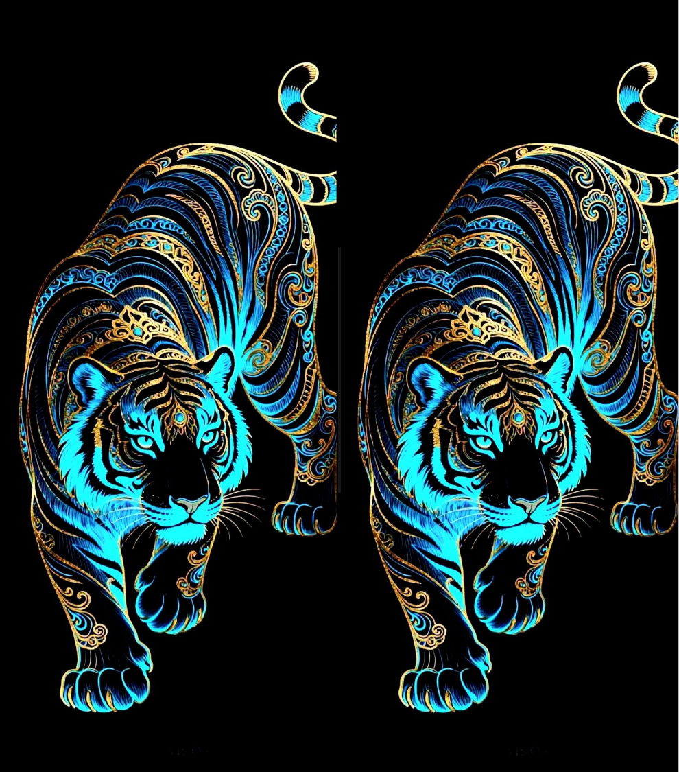 A symmetrical digital illustration of two identical stylized tigers facing inward, rendered in glowing cyan and gold on a solid black background.