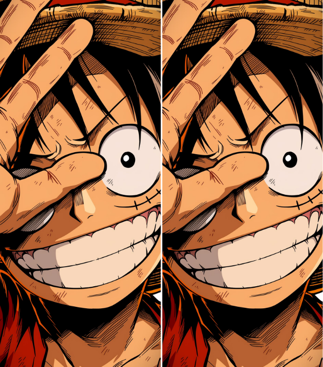 A close-up illustrated anime-style face showing a character with a wide grin, large white eyes, black hair, and a tan hat, presented in a duplicated side-by-side layout.