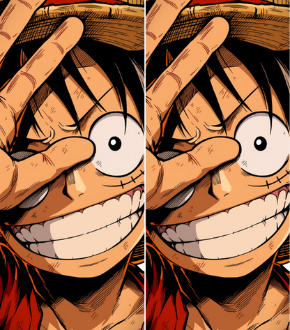 A close-up illustrated anime-style face showing a character with a wide grin, large white eyes, black hair, and a tan hat, presented in a duplicated side-by-side layout.