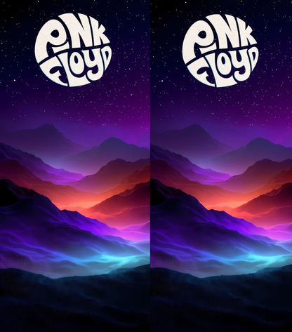A split-screen digital graphic featuring the Pink Floyd album art design, with the white circular 'Pink Floyd' logo at the top of each side above a stylized neon mountain landscape in purple, blue, pink, and orange tones.