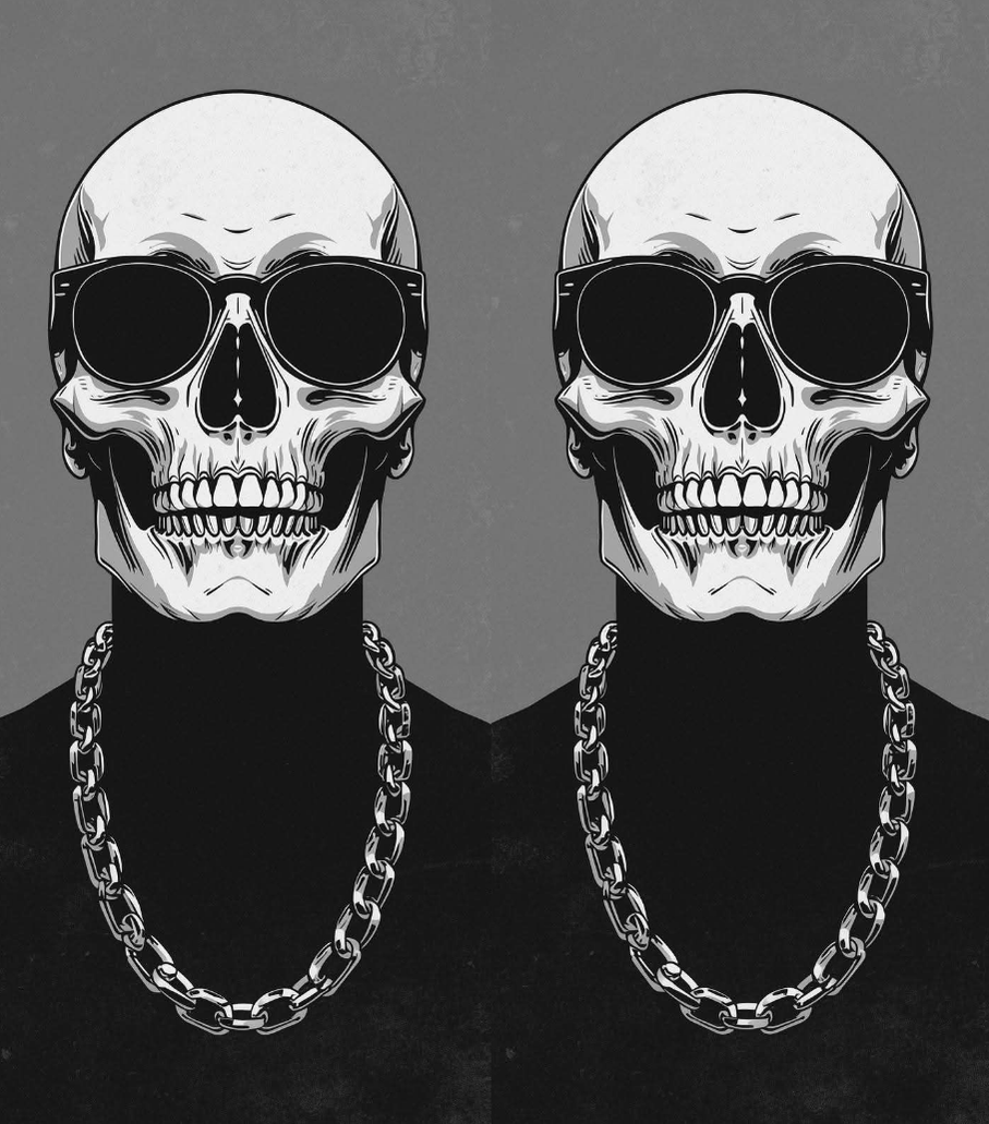 A stylized black-and-white illustration of a human skull wearing dark sunglasses and a chunky chain necklace, shown in a mirrored side-by-side composition on a gray background.