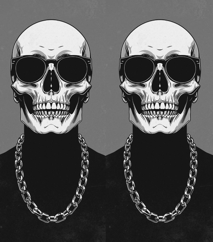 A stylized black-and-white illustration of a human skull wearing dark sunglasses and a chunky chain necklace, shown in a mirrored side-by-side composition on a gray background.