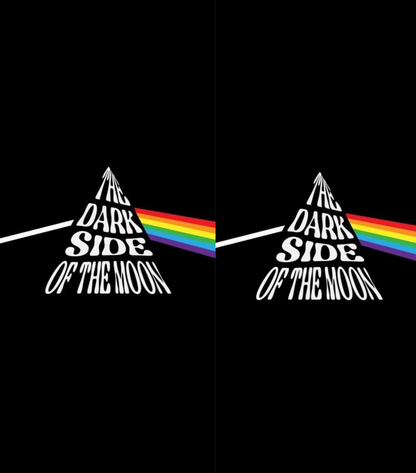 The Dark Side of the Moon album cover design shown twice side by side on a black background, with a white triangular prism splitting into a rainbow light beam.