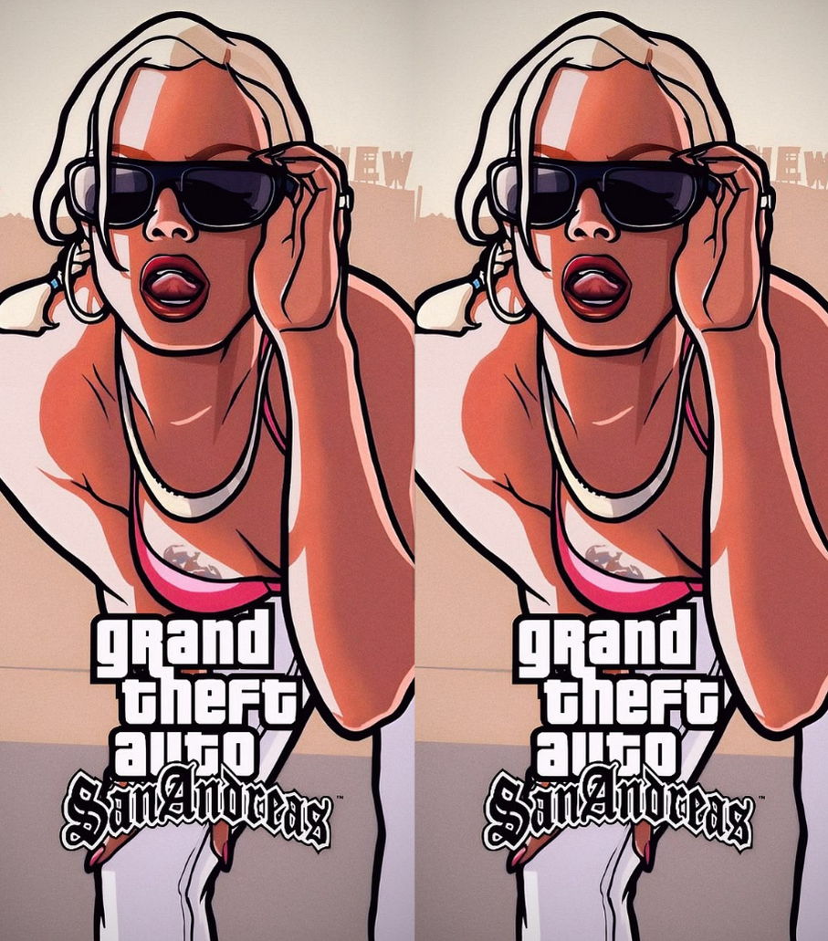 A side-by-side graphic design featuring an illustrated woman wearing sunglasses and a pink sports bra, with the Grand Theft Auto: San Andreas logo at the bottom. The image appears to be a digital mockup or print design rather than a photographed physical product.