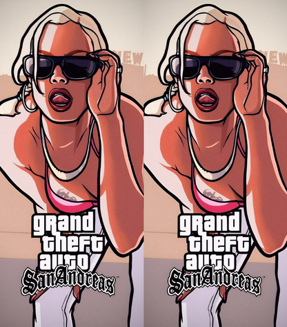 A side-by-side graphic design featuring an illustrated woman wearing sunglasses and a pink sports bra, with the Grand Theft Auto: San Andreas logo at the bottom. The image appears to be a digital mockup or print design rather than a photographed physical product.
