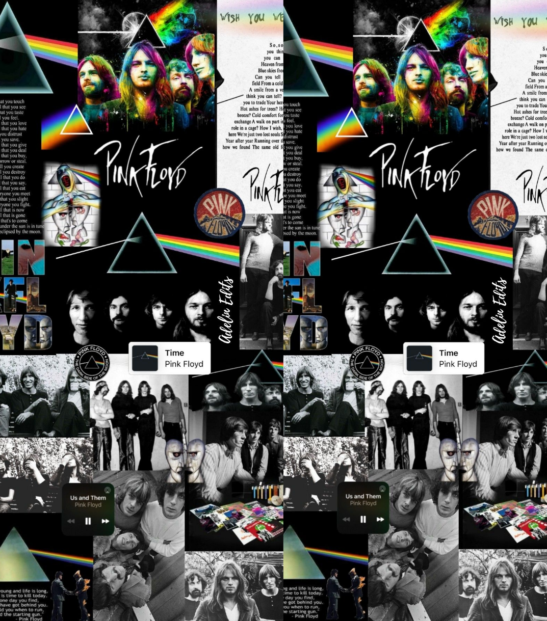 A repeating collage pattern featuring Pink Floyd album art, prism graphics, rainbow stripes, black-and-white band photos, lyrics text, and small colorful accents, arranged in a tiled layout.