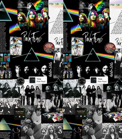 A repeating collage pattern featuring Pink Floyd album art, prism graphics, rainbow stripes, black-and-white band photos, lyrics text, and small colorful accents, arranged in a tiled layout.