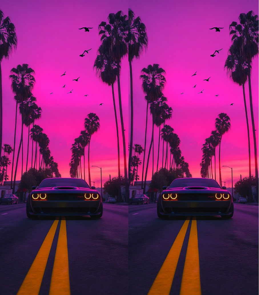 A split-screen view of a black sports car on a road with yellow double lines, flanked by tall palm trees under a vivid pink and purple sunset sky with birds flying overhead.