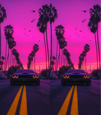 A split-screen view of a black sports car on a road with yellow double lines, flanked by tall palm trees under a vivid pink and purple sunset sky with birds flying overhead.