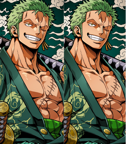 A side-by-side comparison of the same illustrated anime character from the chest up, with slight differences in the artwork on the right side. The character has spiky green hair, a muscular torso, and is wearing a dark green open robe with gold details over green shorts, set against a dark patterned background.
