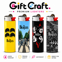 Four Gift Craft premium Beatles-themed lighter designs shown side by side on a white background, with the Gift Craft logo at the top and feature icons at the bottom. The lighters are yellow, blue, black, and black-and-white patterned, all featuring The Beatles artwork.