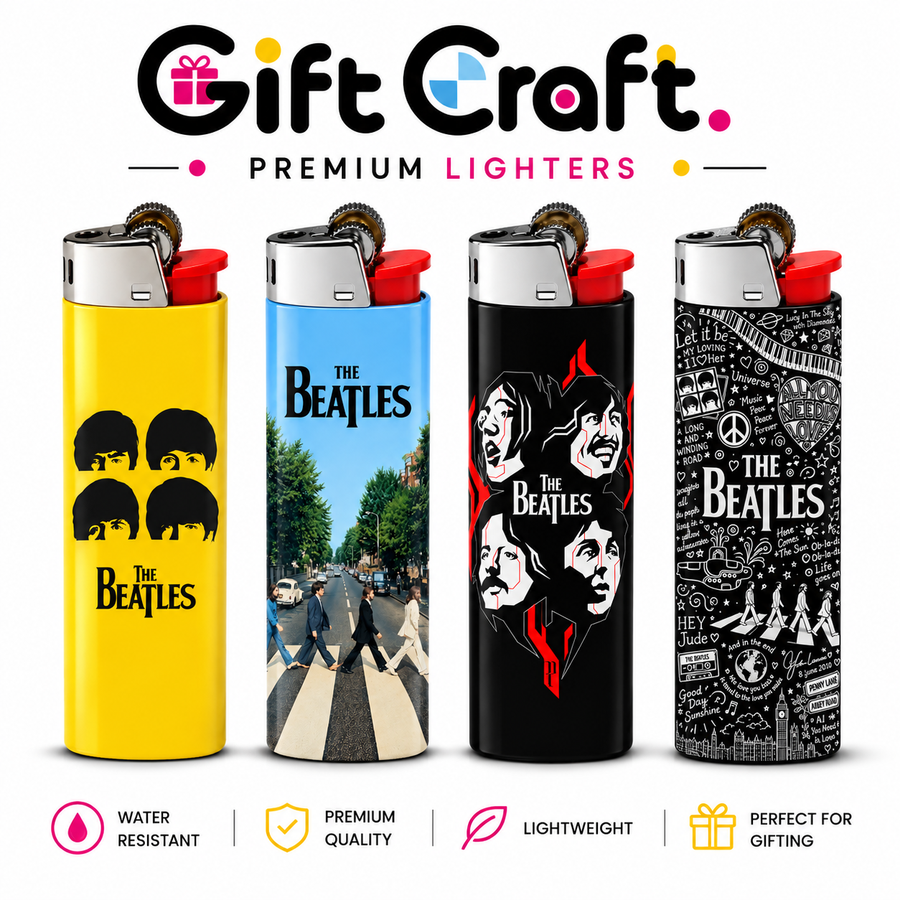 Four Gift Craft premium Beatles-themed lighter designs shown side by side on a white background, with the Gift Craft logo at the top and feature icons at the bottom. The lighters are yellow, blue, black, and black-and-white patterned, all featuring The Beatles artwork.