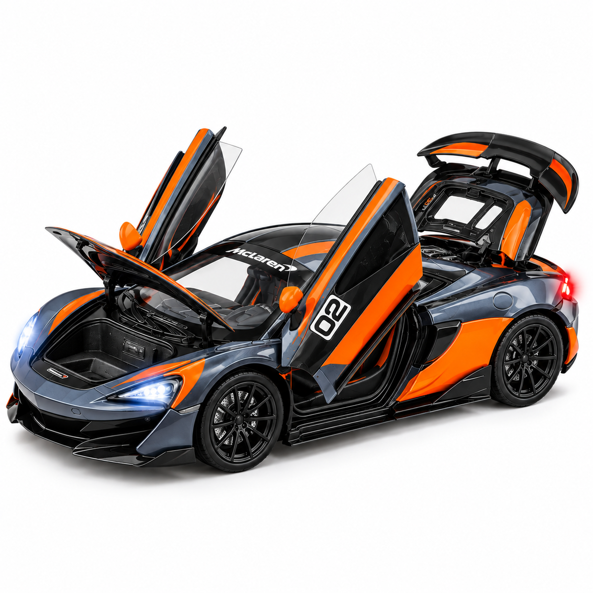 McLaren 600LT 1:24 Scale Die-Cast Model Car – Black & Orange Edition with Lights