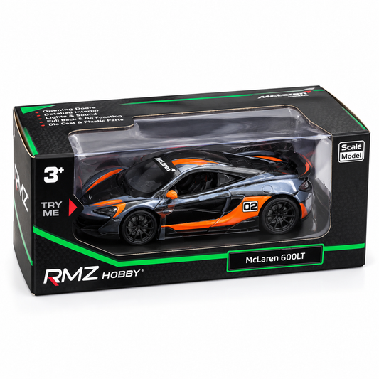 McLaren 600LT 1:24 Scale Die-Cast Model Car – Black & Orange Edition with Lights
