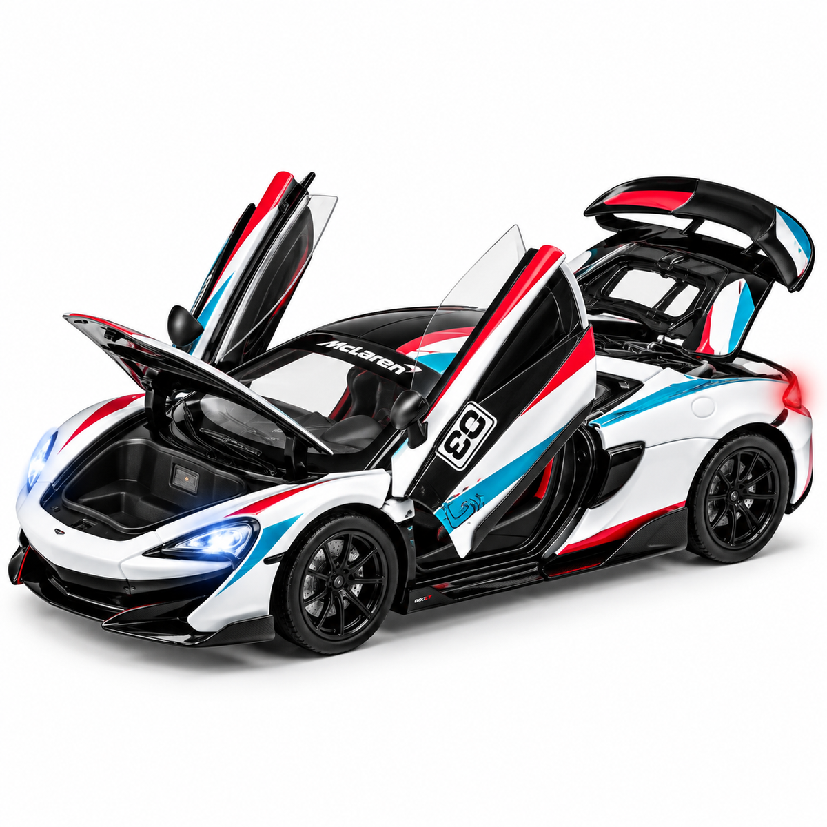 McLaren 600LT 1:24 Scale Model Car – White, Red & Blue Racing Edition with Lights