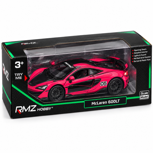 McLaren 600LT 1:24 Scale Model Car – Pink & Black Edition with Lights