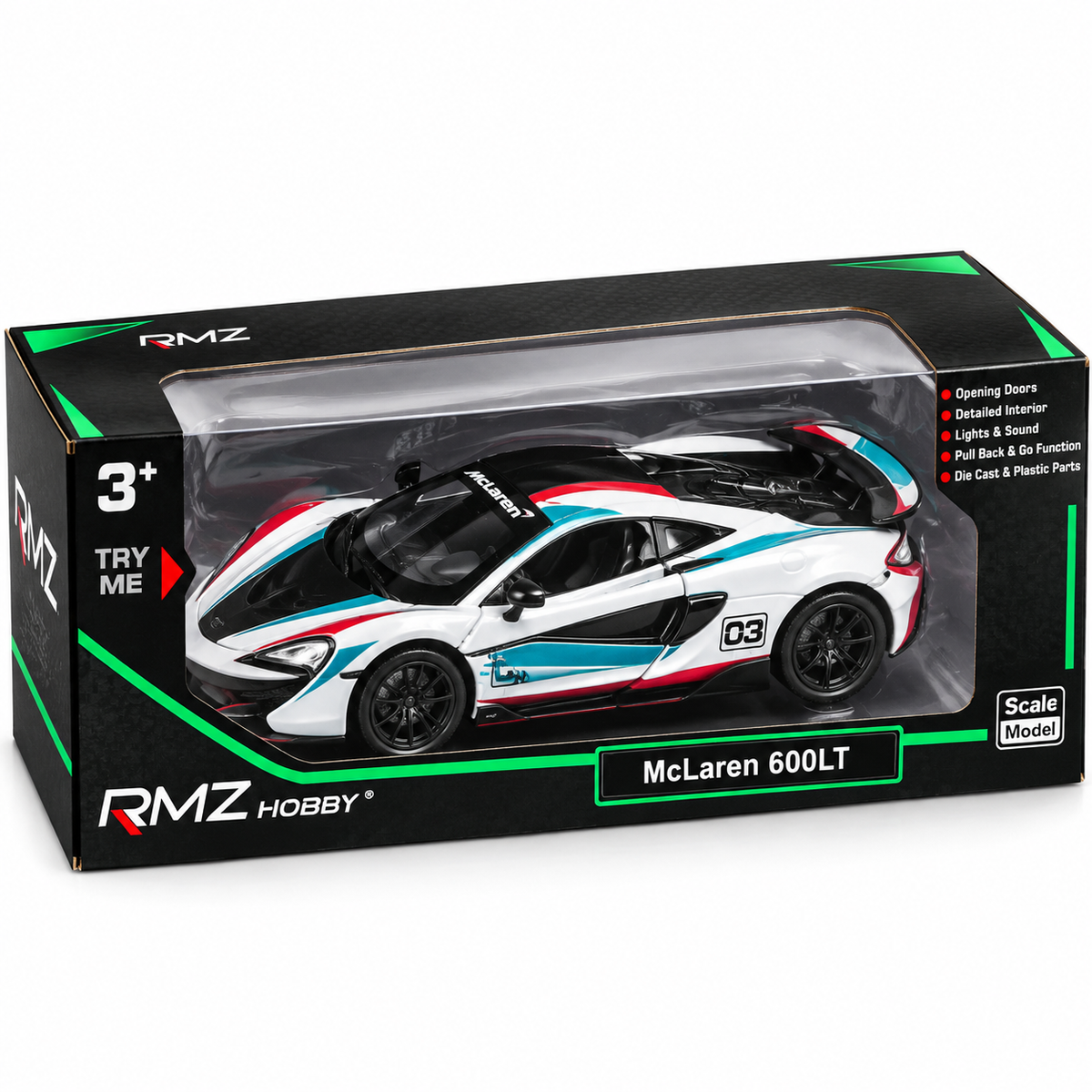 McLaren 600LT 1:24 Scale Model Car – White, Red & Blue Racing Edition with Lights