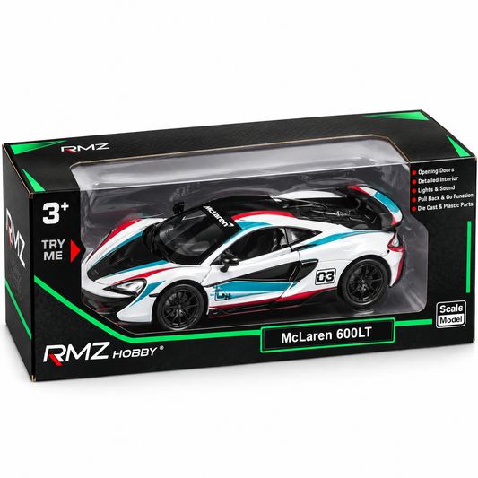 McLaren 600LT 1:24 Scale Model Car – White, Red & Blue Racing Edition with Lights