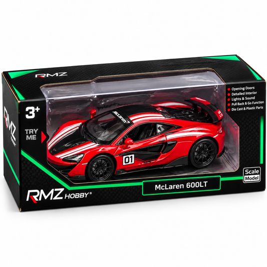McLaren 600LT 1:24 Scale Model Car – Red & Black Racing Edition with Lights